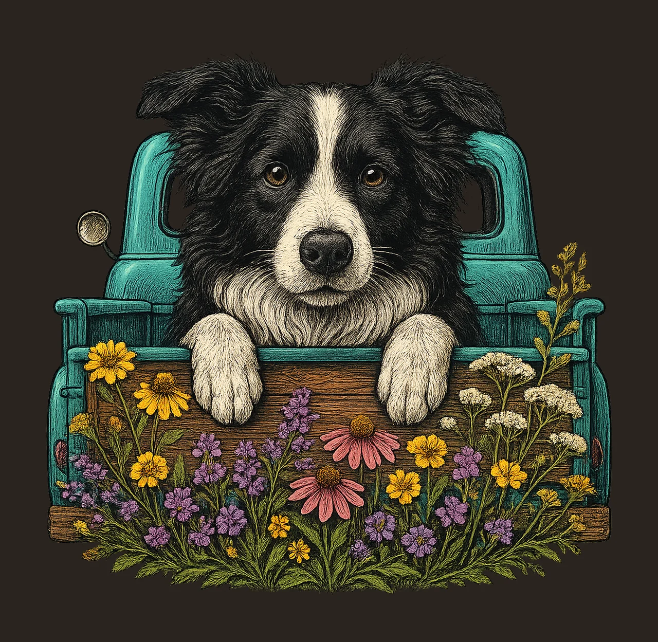 Dog Truck Border Collie Portrait flowers nature garden in contrast preview thumbnail