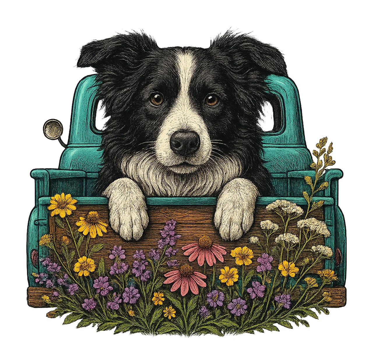 Dog Truck Border Collie Portrait flowers nature garden in