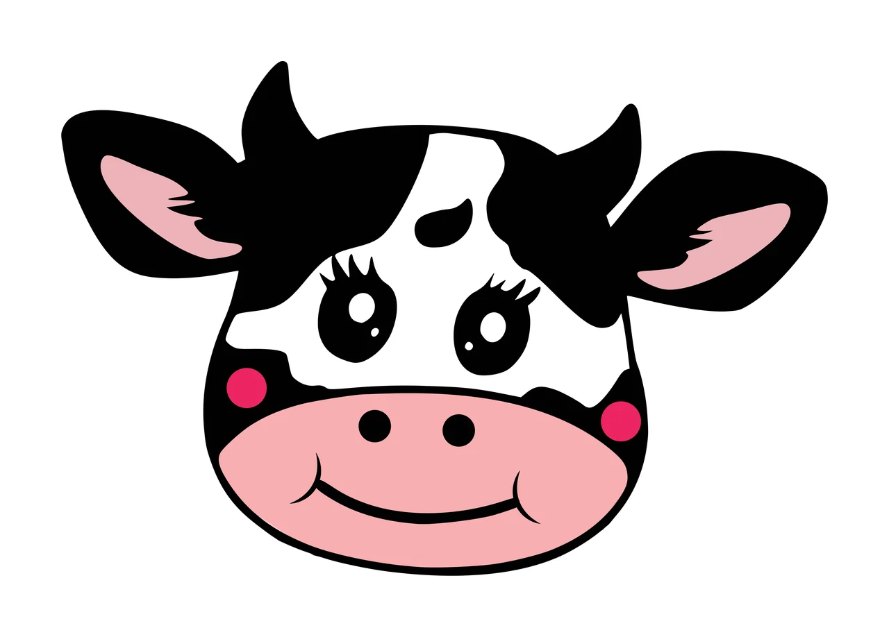 Cartoon Illustration of cow head with horns, ears, eyes with eyelashes and pink snout in black and white