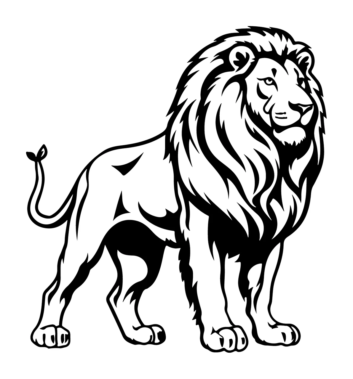 Lion Standing Profile Silhouette mane tail line art black white