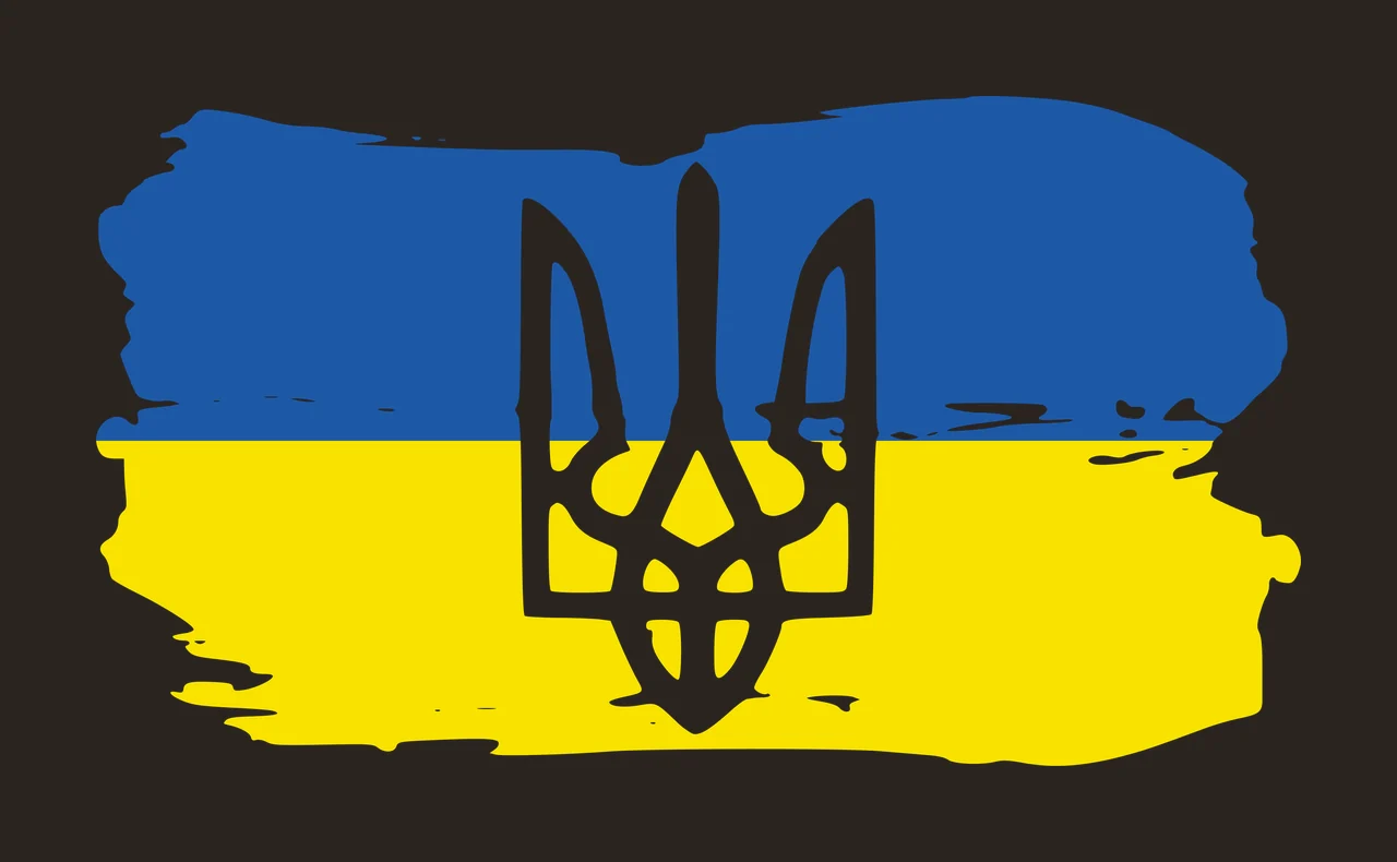 Ukrainian coat of arms Illustration with trident coat of arms, brushstroke flag and blue and yellow paint strokes in white contrast preview thumbnail