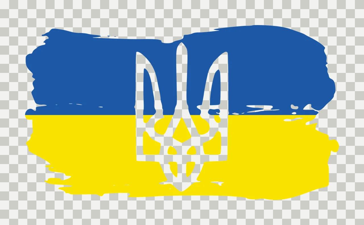 Ukrainian coat of arms Illustration with trident coat of arms, brushstroke flag and blue and yellow paint strokes in white transparency and detail preview thumbnail