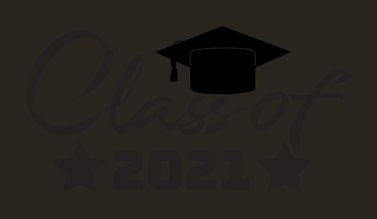 Class of 2021 Typography Design with black graduation cap with tassel, cursive 'Class of', bold '2021' and two five-pointed stars contrast preview thumbnail