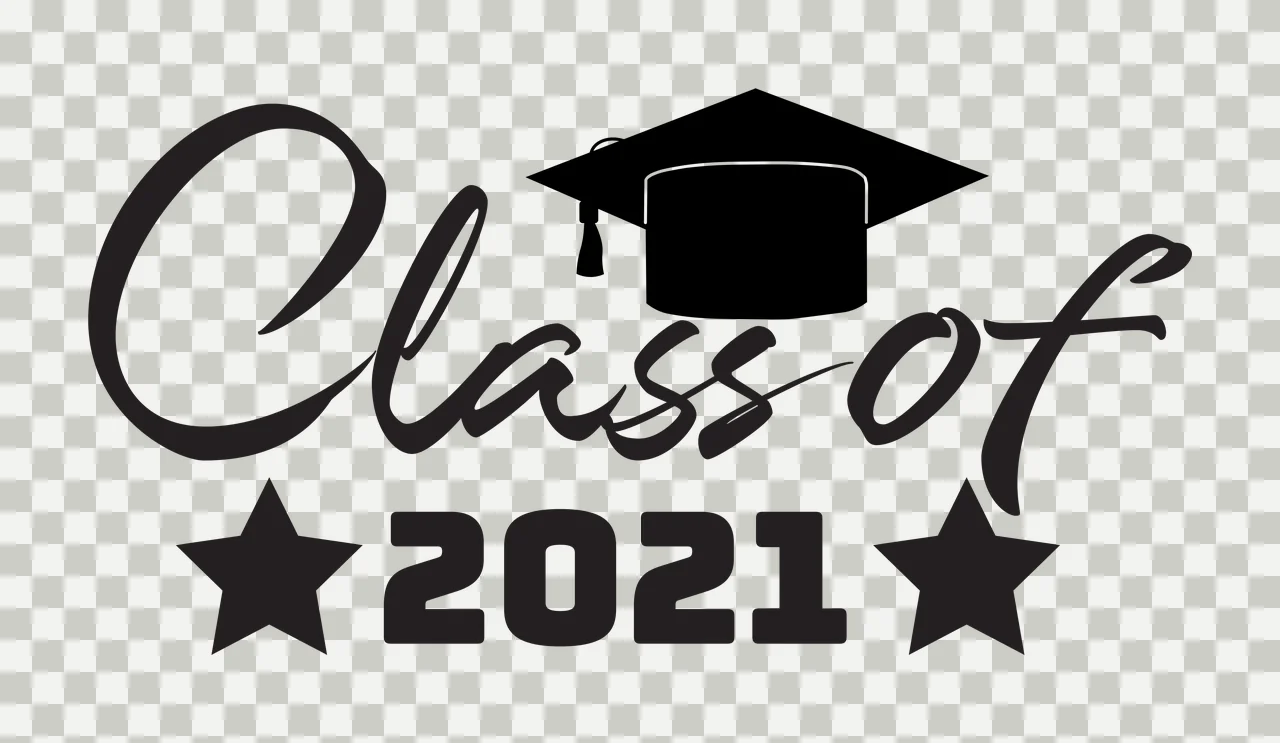 Class of 2021 Typography Design with black graduation cap with tassel, cursive 'Class of', bold '2021' and two five-pointed stars transparency and detail preview thumbnail