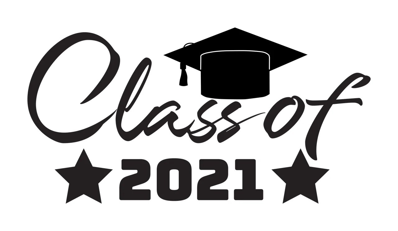 Class of 2021 Typography Design with black graduation cap with tassel, cursive 'Class of', bold '2021' and two five-pointed stars
