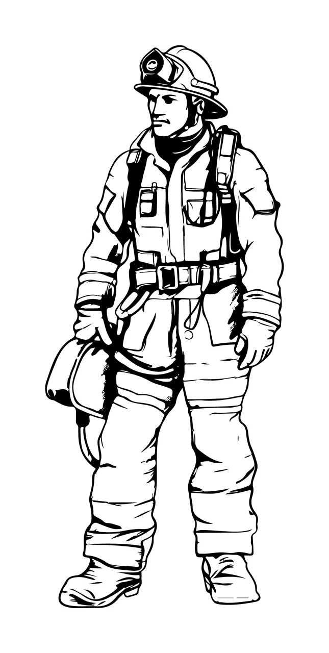 Firefighter In Protective Gear Standing helmet black uniform