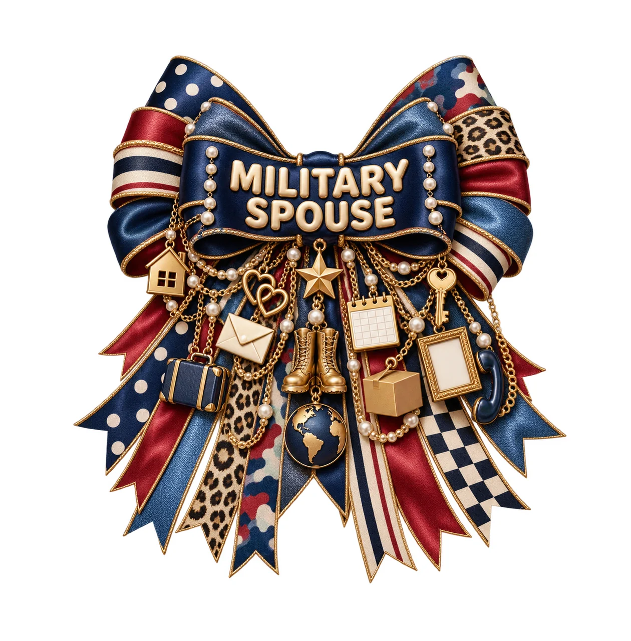 Military Spouse Bow Charm PNG, Gold Chain Charms, Transparent Sublimation Design, Digital Download