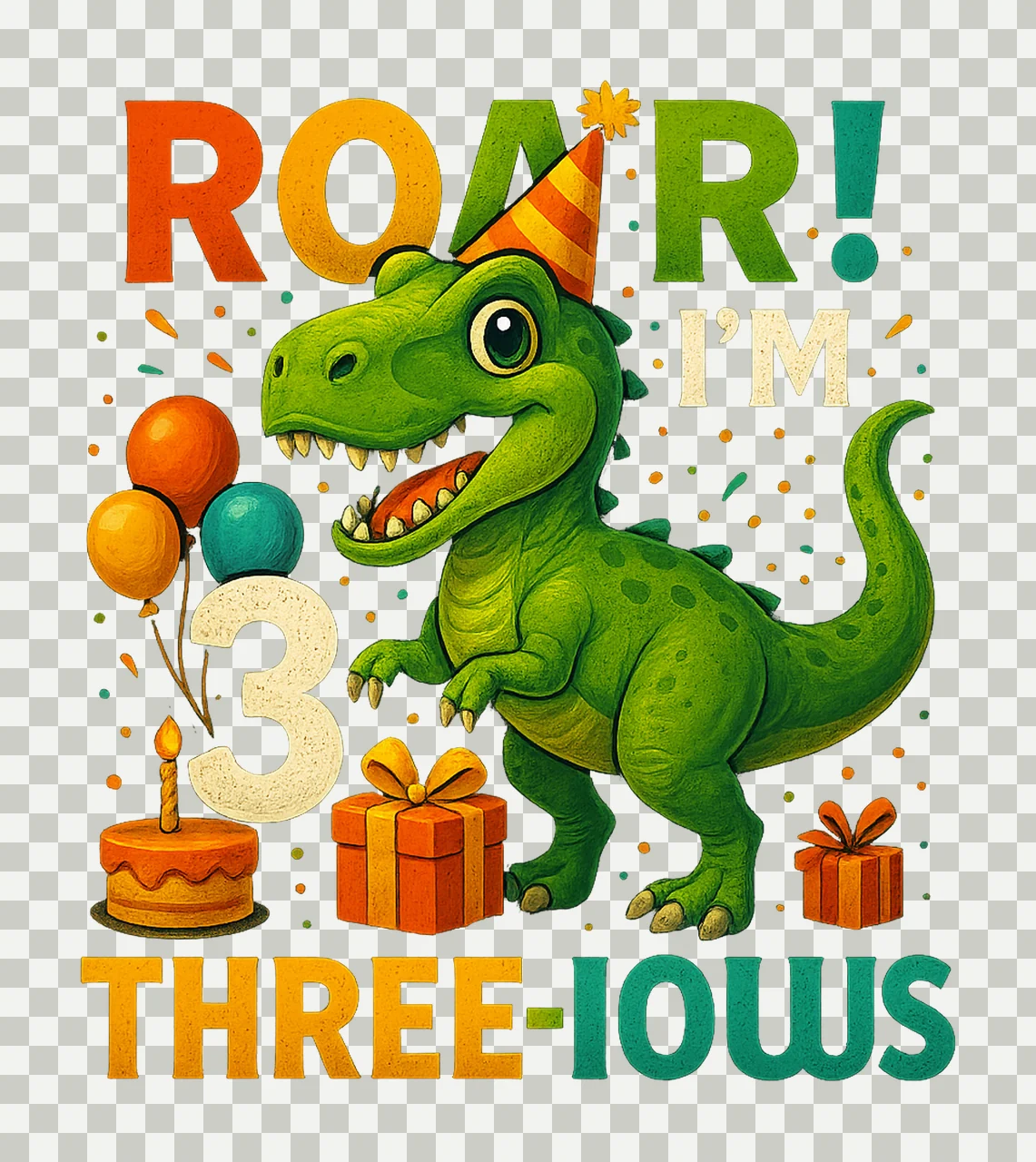 Dinosaur Birthday Artwork Rawr Three Rex Green Rex Balloons transparency and detail preview thumbnail