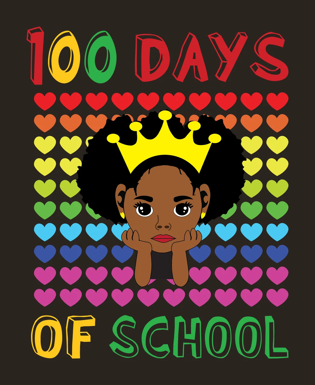 Black Afro 100 Days Of School Heart Pattern arranging in grid contrast preview thumbnail