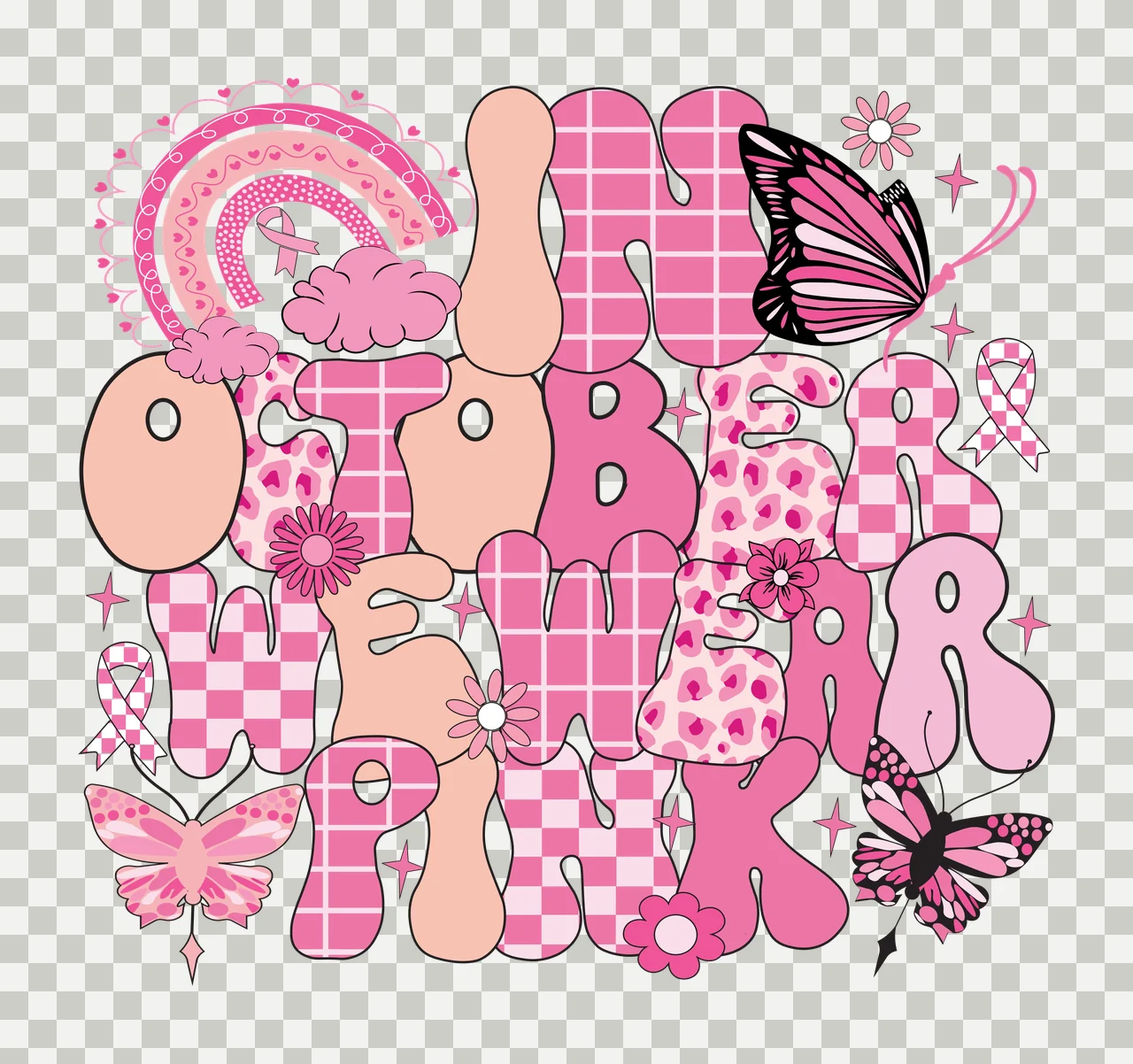 In October We Wear Pink Lettering words rainbow butterflies transparency and detail preview thumbnail