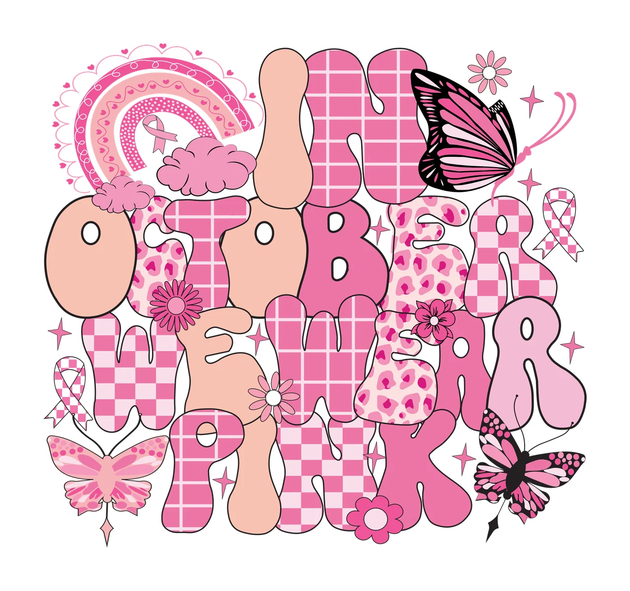 In October We Wear Pink Lettering words rainbow butterflies