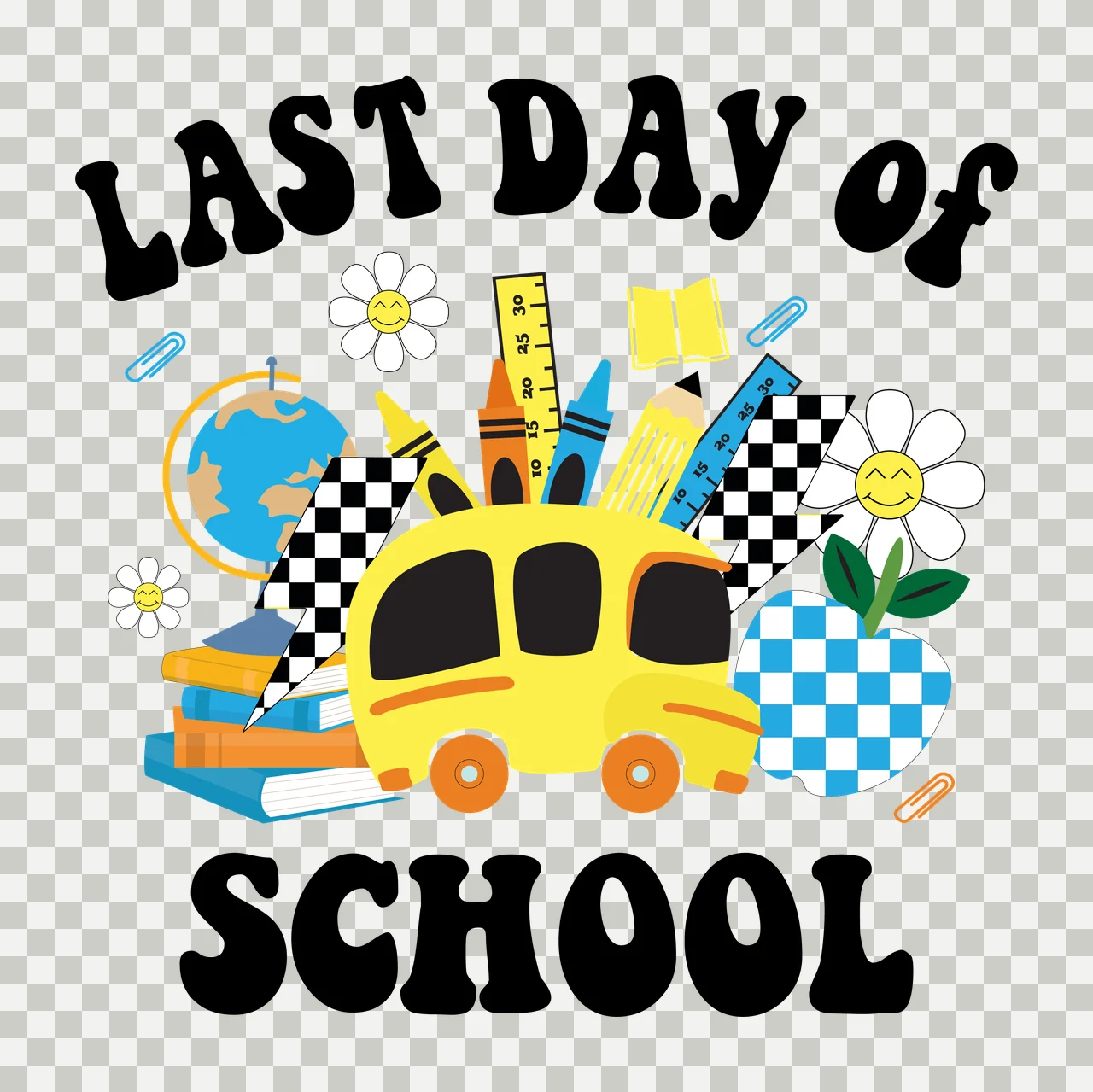 Last Day Of School With Supplies arranged globe books pencils transparency and detail preview thumbnail