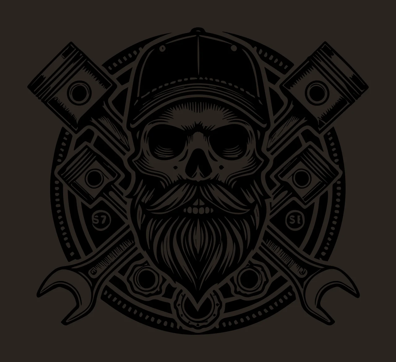 S7 S1 bearded skull wearing a baseball cap Design with engine pistons, open end wrenches and circular emblem badge in black and white contrast preview thumbnail