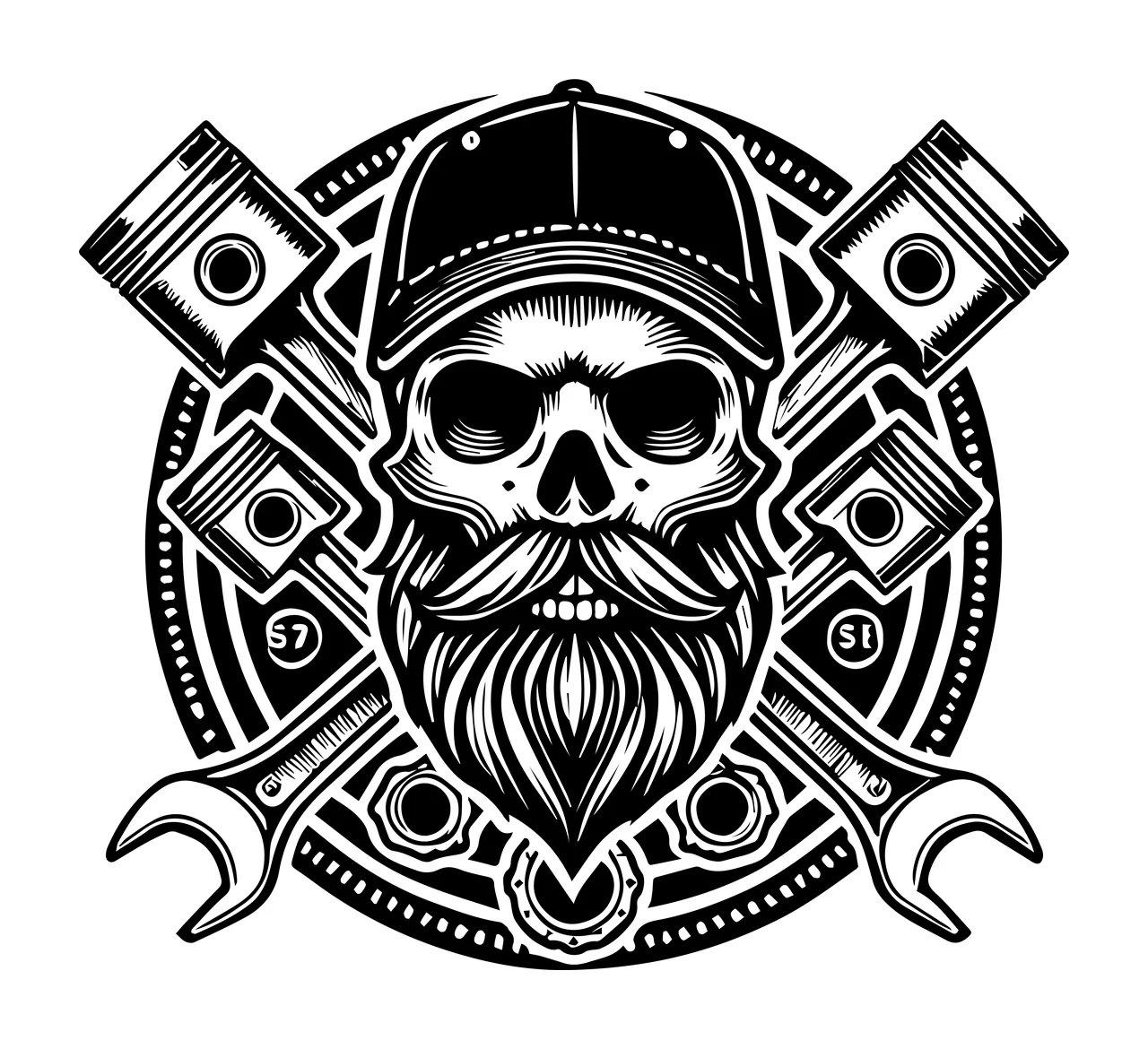 S7 S1 bearded skull wearing a baseball cap Design with engine pistons, open end wrenches and circular emblem badge in black and white