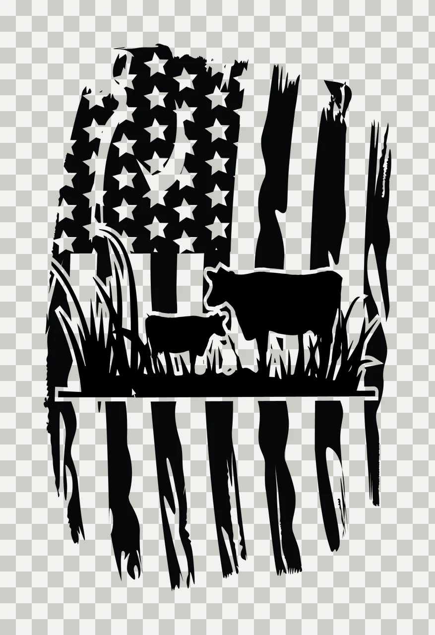 Cow Flag American With Grazing Cattle Silhouette calf grass transparency and detail preview thumbnail