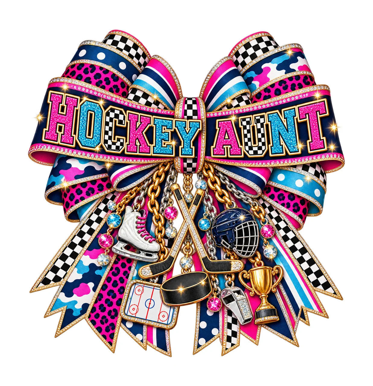 Hockey Aunt Bow Charm PNG, Patterned Varsity Aunt Ribbon Clipart, Transparent Sublimation Digital Download