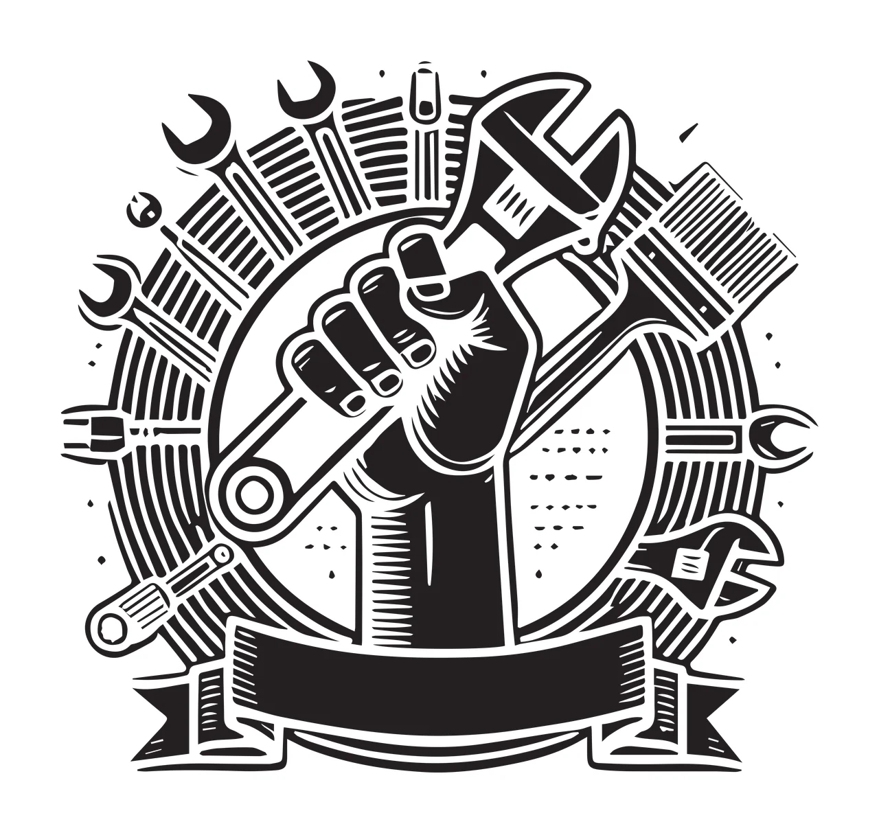 Hand Holding Wrench Tool Emblem tools ribbon circle black white