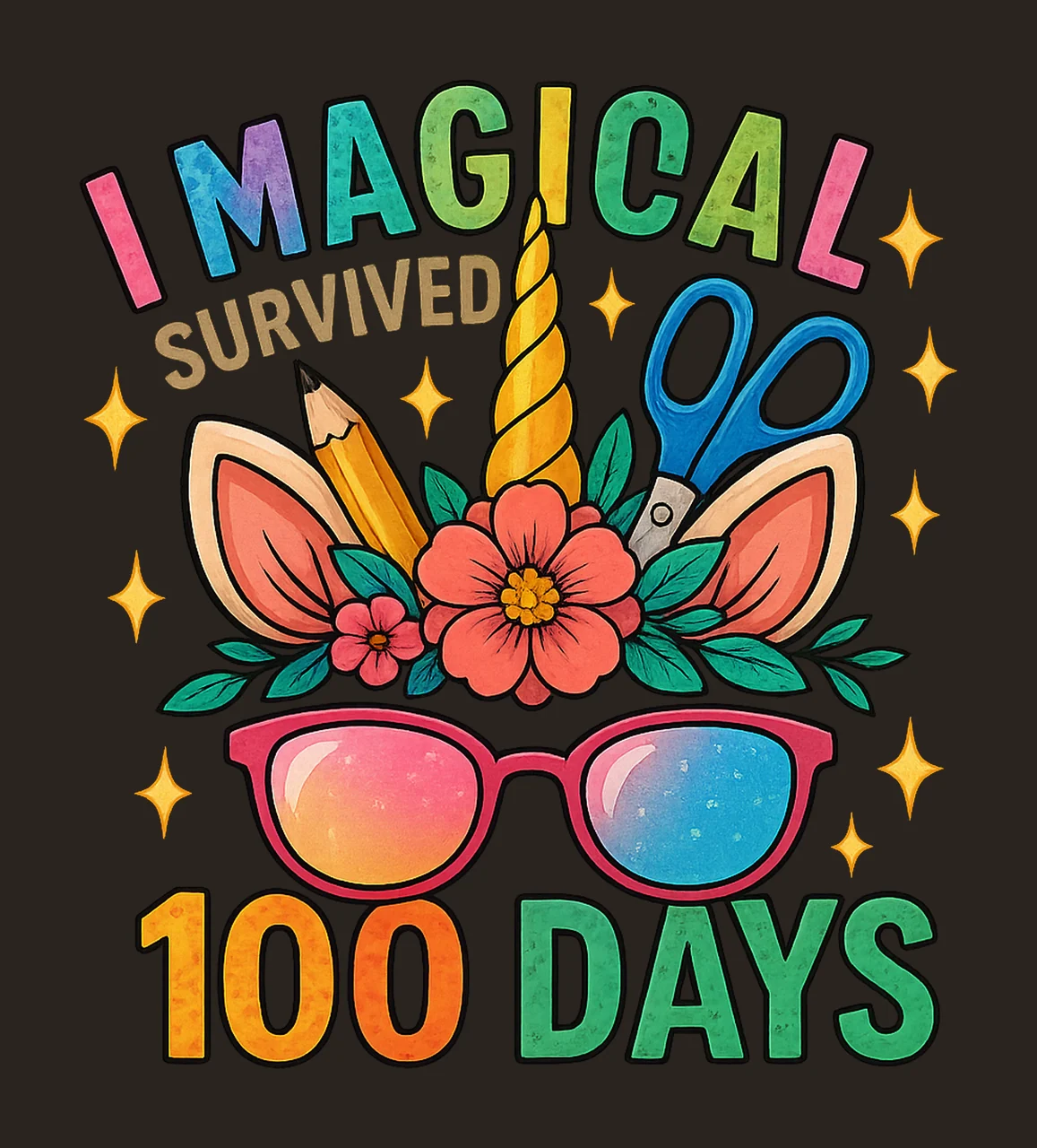 Magically Survived 100 Days Unicorn 100 Days of School contrast preview thumbnail