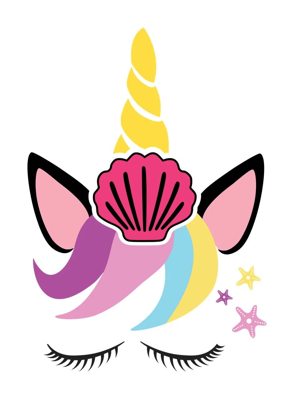 Unicorn head design with seashell horn with yellow spiral horn, pink seashell horn base, black-outlined ears with pink inner and rainbow-colored mane purple pink blue yellow