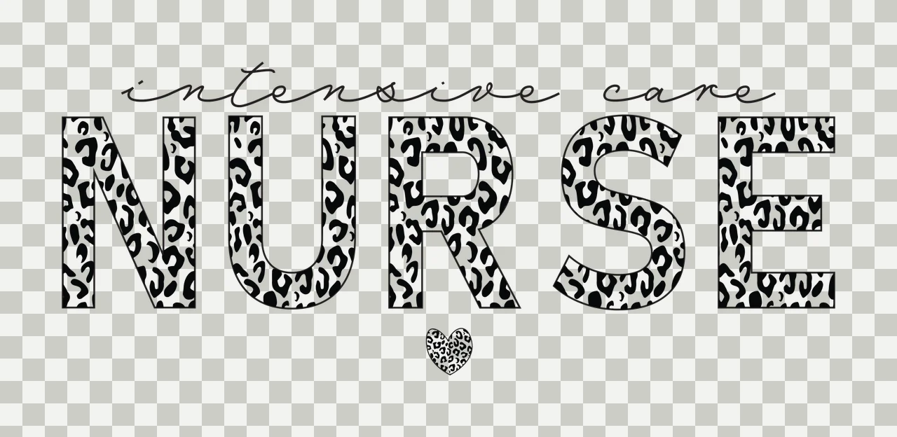 Intensive care NURSE Typography Design with cursive text, leopard print block lettering and leopard print heart in black and white transparency and detail preview thumbnail