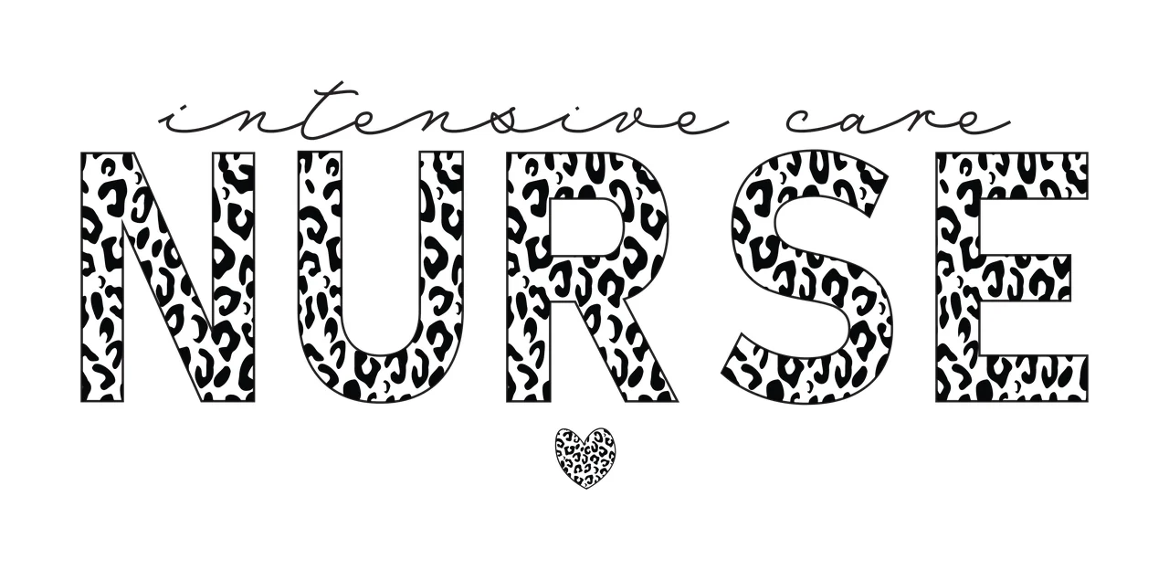 Intensive care NURSE Typography Design with cursive text, leopard print block lettering and leopard print heart in black and white