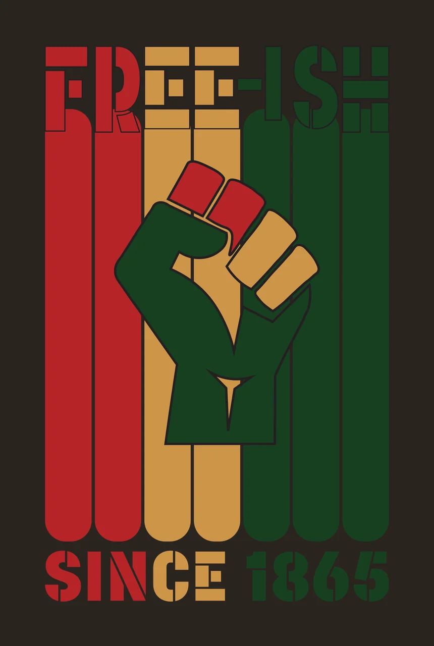 FREE-ISH SINCE 1865 raised fist Design with clenched fist, vertical rounded stripes, stencil lettering and text FREE-ISH in red, gold and dark green contrast preview thumbnail