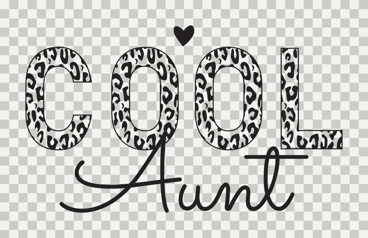 COOL Aunt Typography Design with leopard-print letters C O O L, small black heart, handwritten 'Aunt' and black outline on white background transparency and detail preview thumbnail