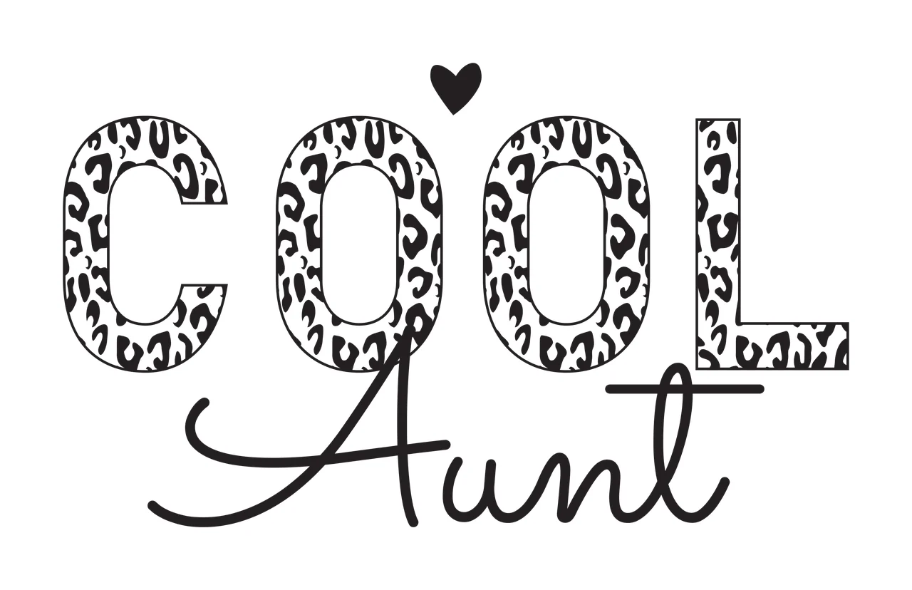 COOL Aunt Typography Design with leopard-print letters C O O L, small black heart, handwritten 'Aunt' and black outline on white background