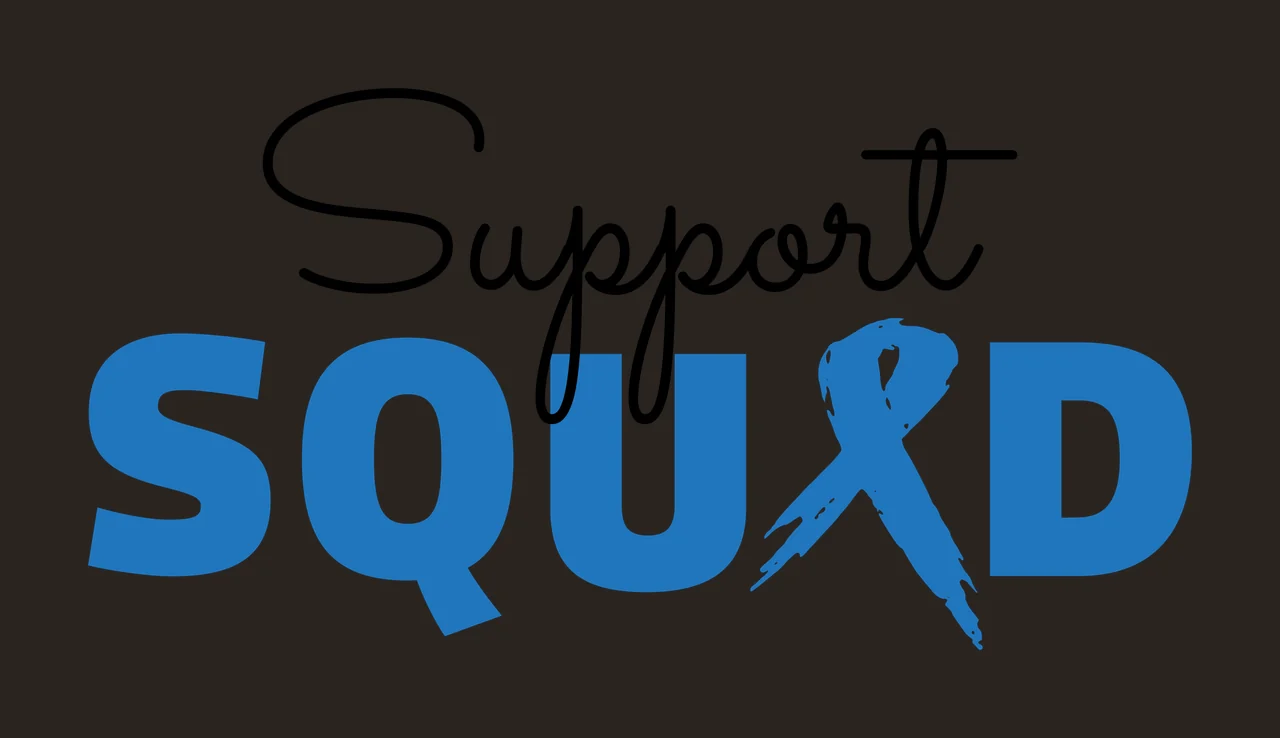 Support SQUAD Typography Design with black cursive text 'Support', blue bold text 'SQUAD', blue ribbon replacing the letter X in 'SQUAD' and white background contrast preview thumbnail