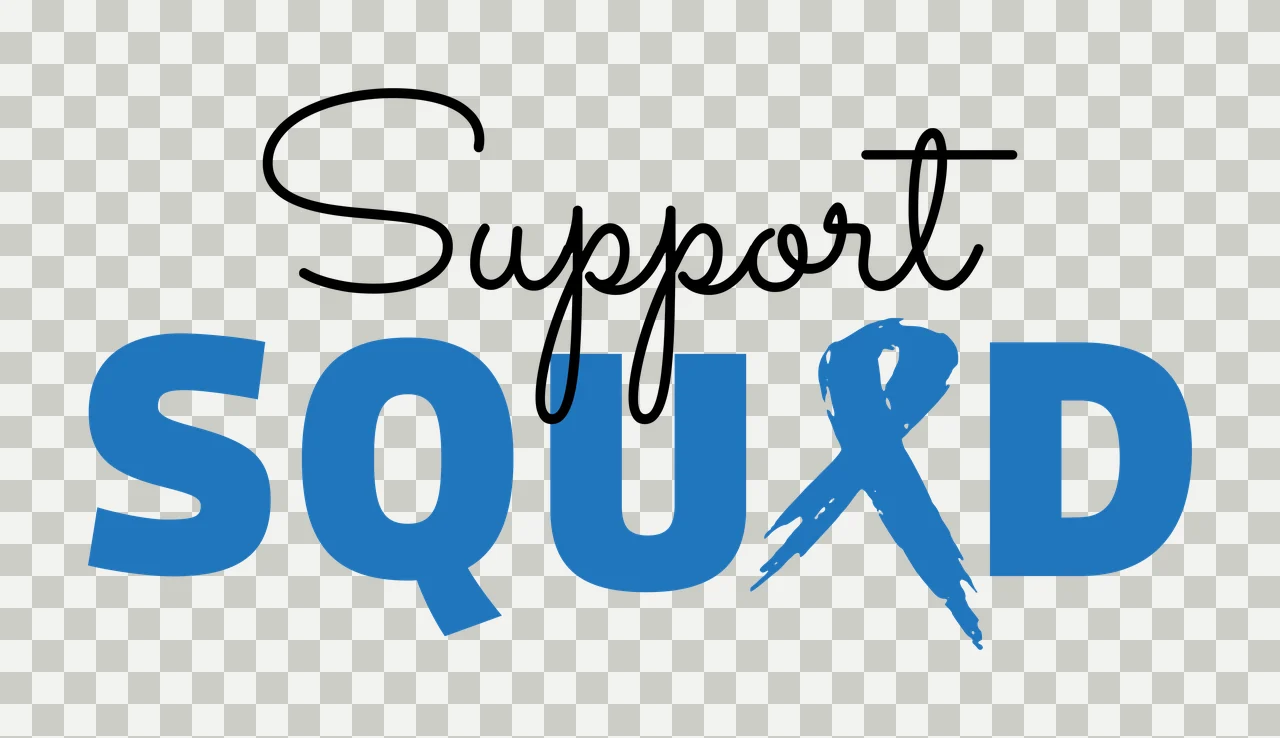 Support SQUAD Typography Design with black cursive text 'Support', blue bold text 'SQUAD', blue ribbon replacing the letter X in 'SQUAD' and white background transparency and detail preview thumbnail