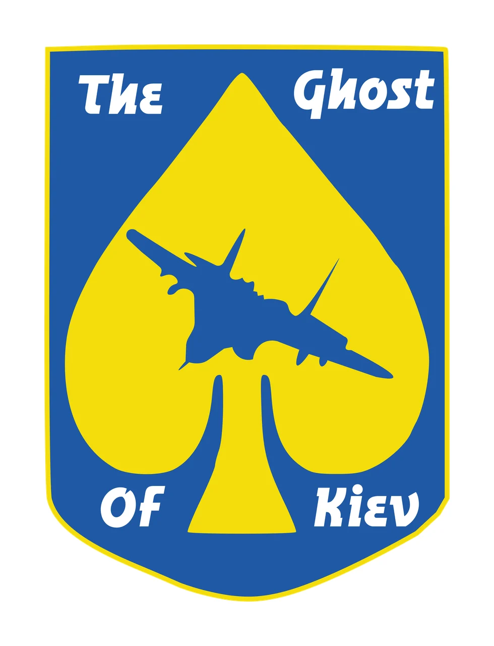 The Ghost Of Kiev Military emblem Design with shield shape, spade symbol, text and border in blue, yellow and white