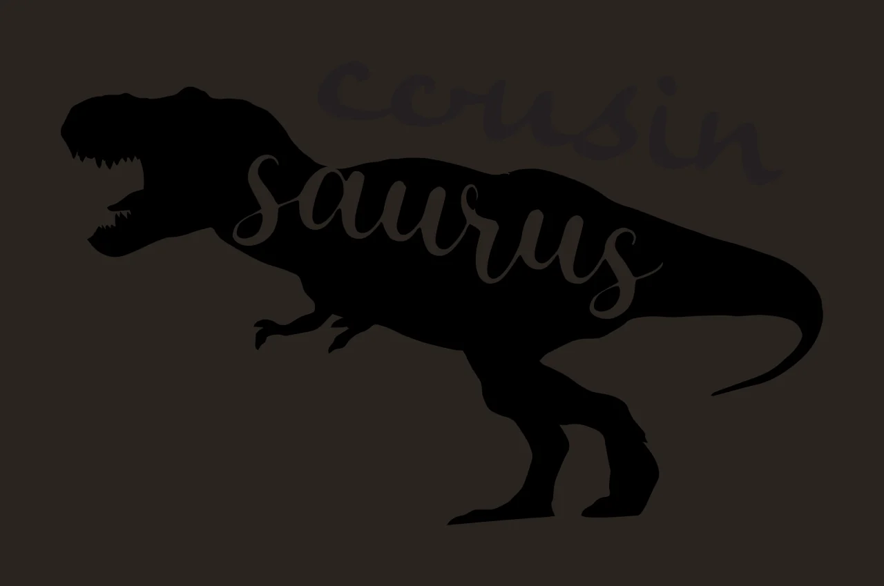 Cousin saurus Tyrannosaurus rex silhouette Design with dinosaur silhouette, handwritten script text and T-Rex profile in black and white contrast preview thumbnail