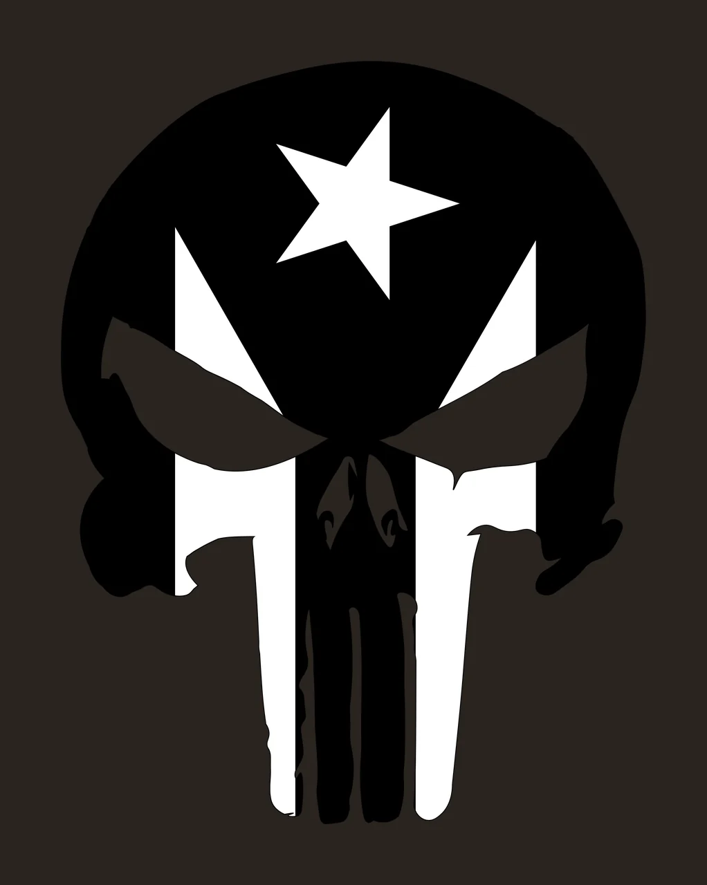 Line Art Illustration of stylized skull emblem with five-pointed star, chevron pattern, vertical stripes and angular eye sockets in black and white contrast preview thumbnail