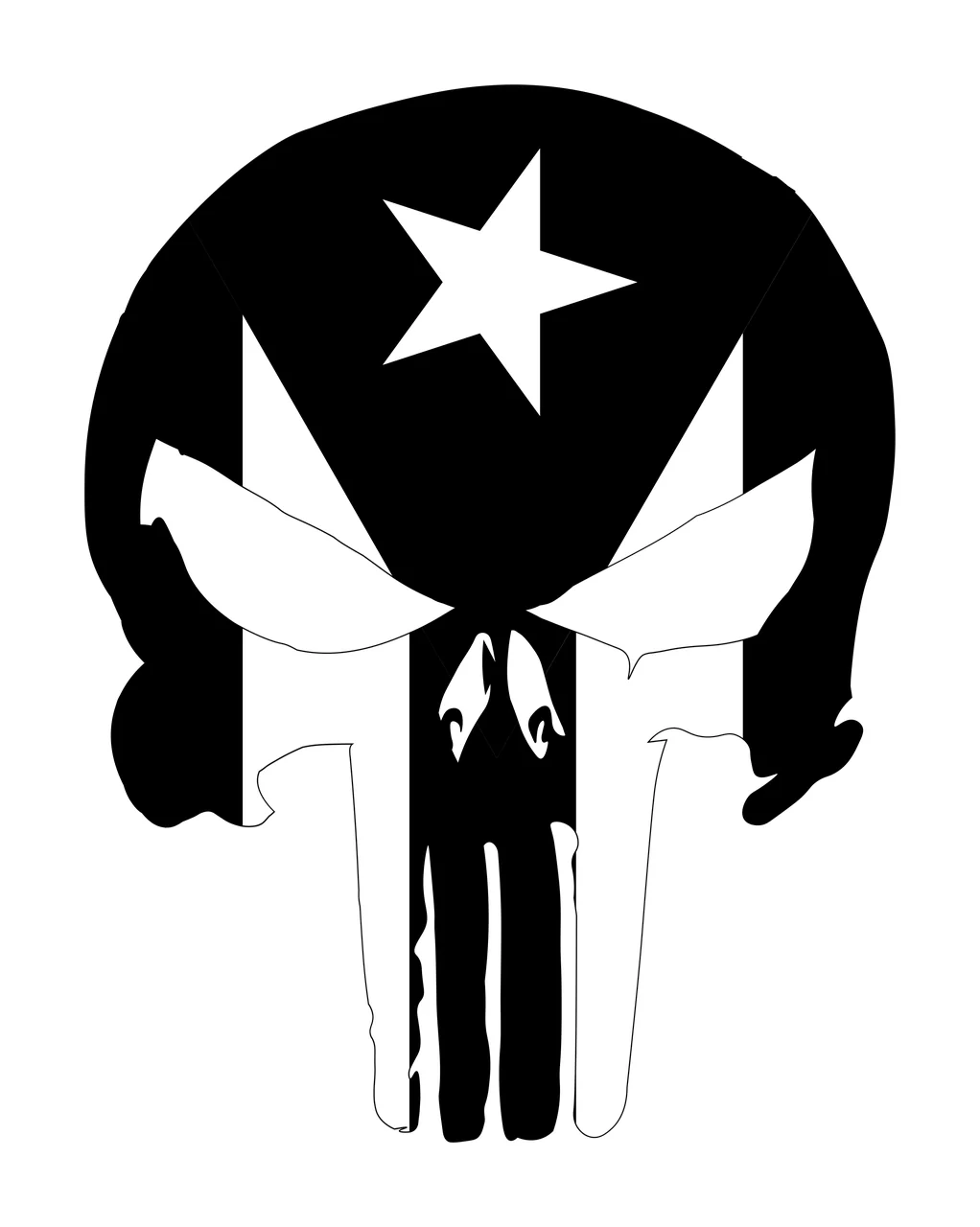 Line Art Illustration of stylized skull emblem with five-pointed star, chevron pattern, vertical stripes and angular eye sockets in black and white