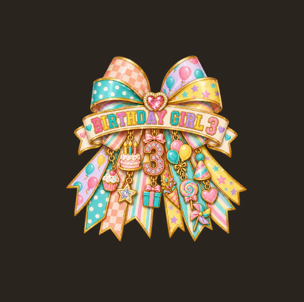 Birthday Girl 3 Bow Charm PNG, Patterned Coquette Bow Clipart, Transparent Sublimation Digital Download contrast preview thumbnail