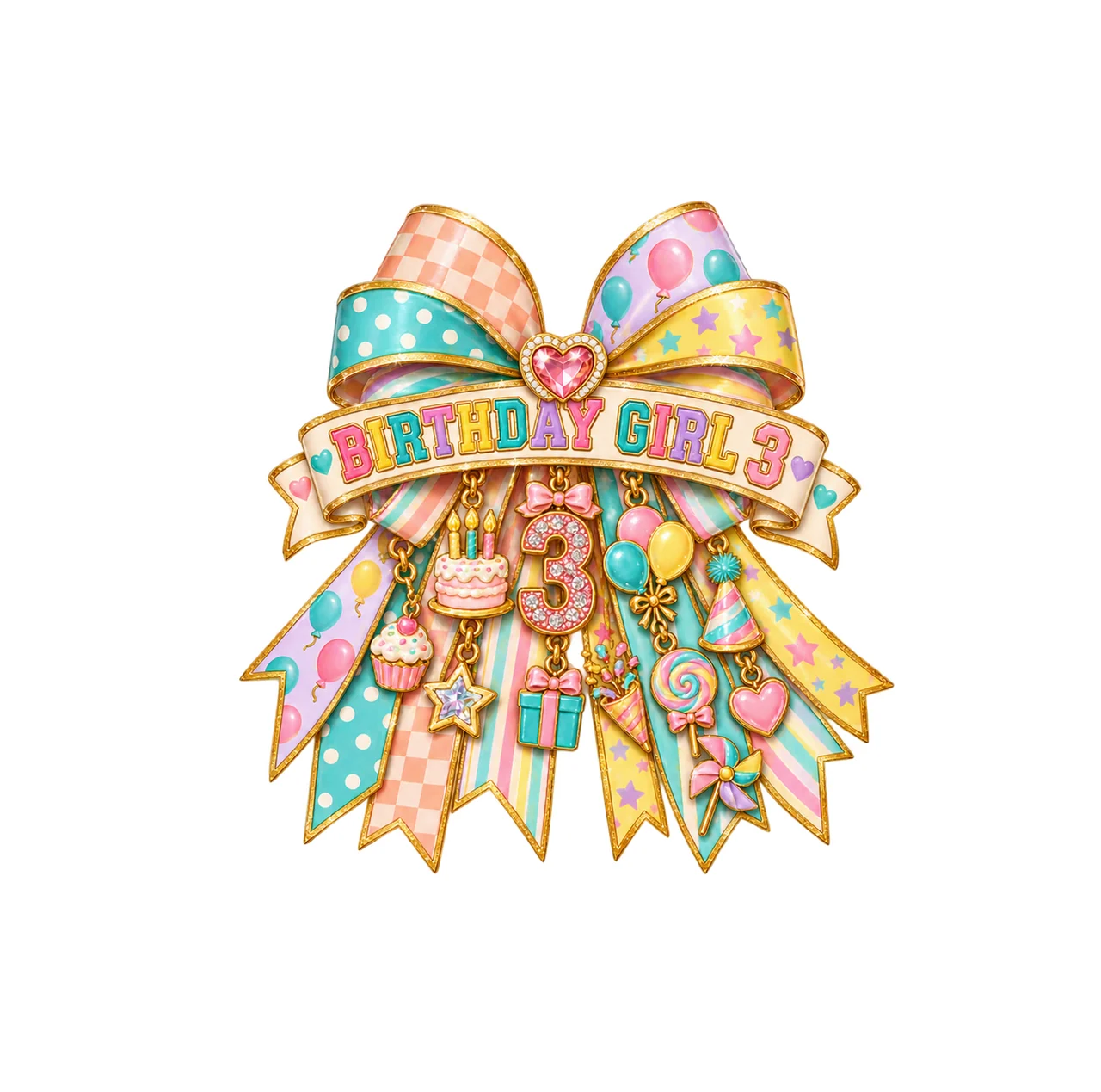 Birthday Girl 3 Bow Charm PNG, Patterned Coquette Bow Clipart, Transparent Sublimation Digital Download