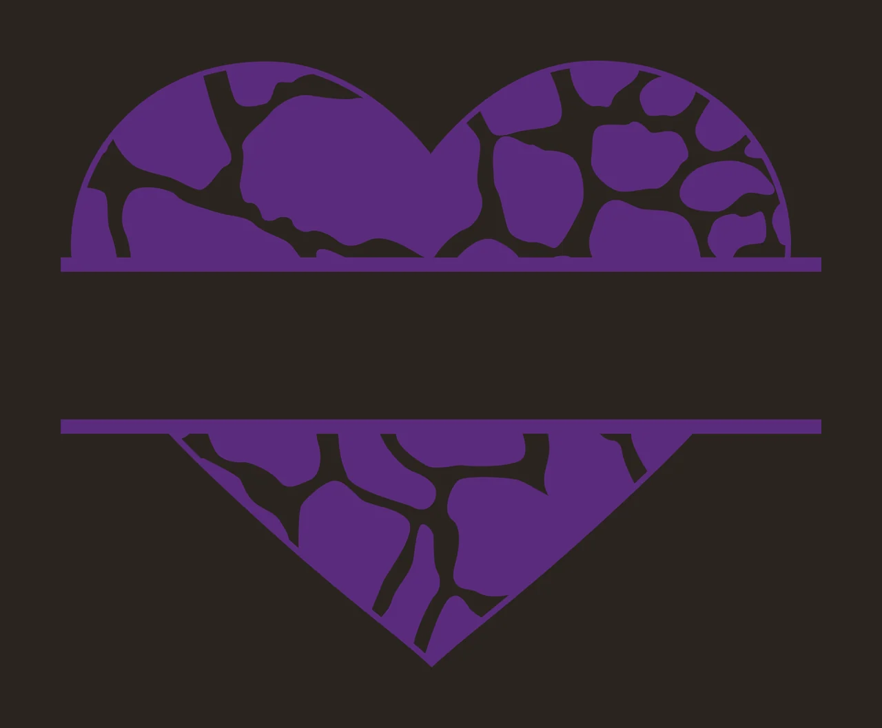 Split heart monogram frame with split heart shape, giraffe print pattern, blank horizontal space and parallel framing lines in purple and white contrast preview thumbnail