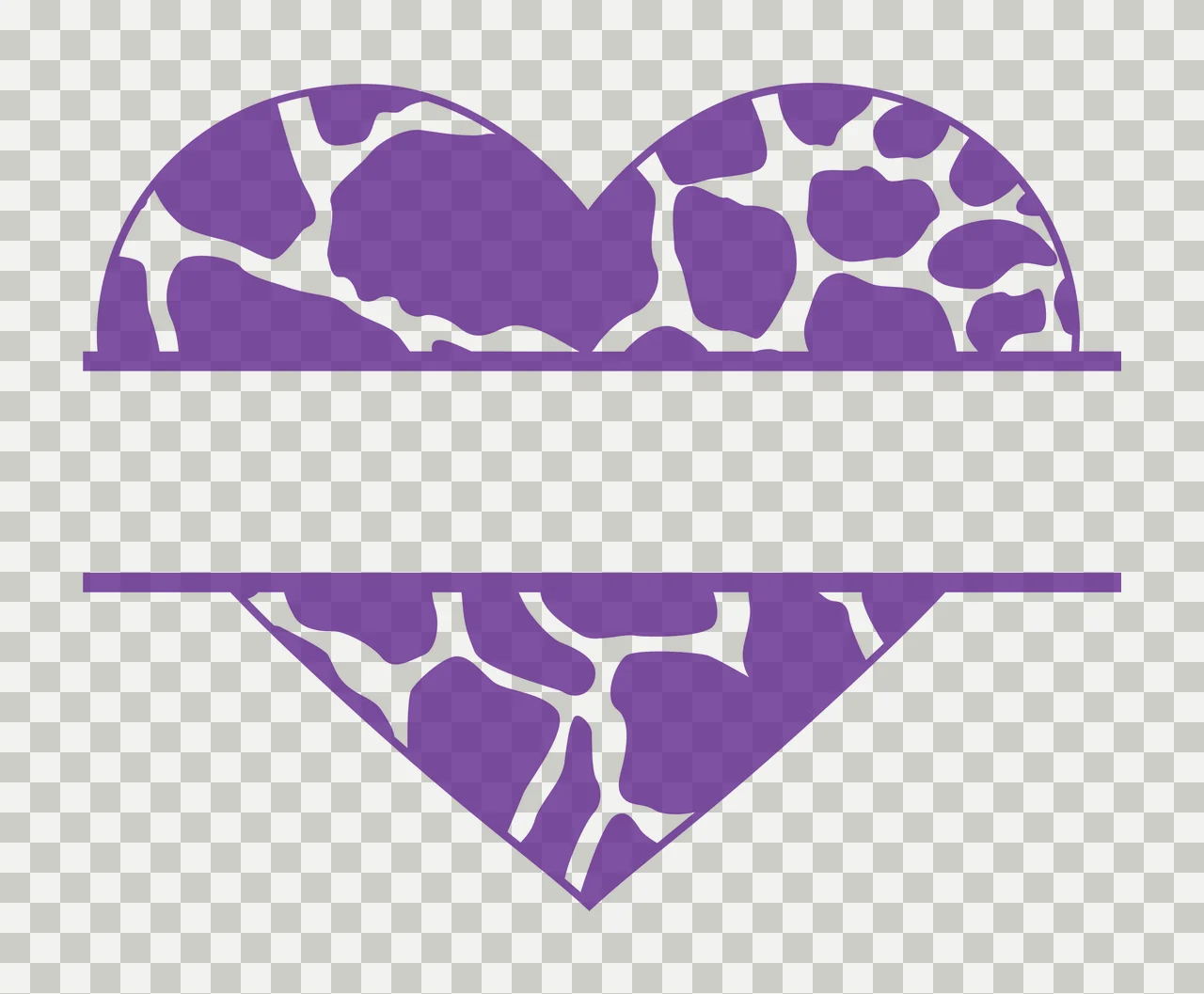 Split heart monogram frame with split heart shape, giraffe print pattern, blank horizontal space and parallel framing lines in purple and white transparency and detail preview thumbnail