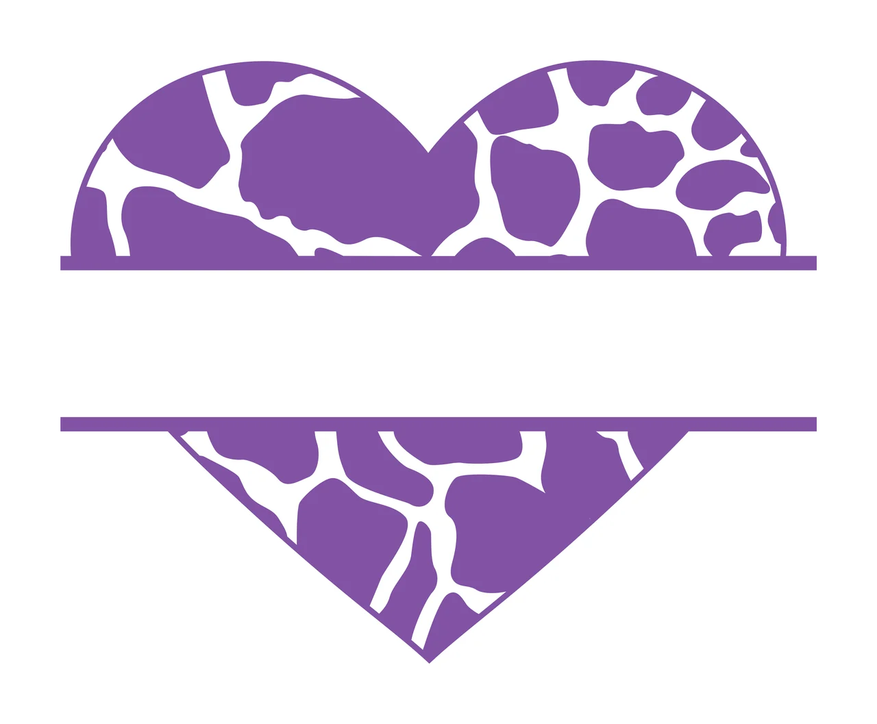 Split heart monogram frame with split heart shape, giraffe print pattern, blank horizontal space and parallel framing lines in purple and white
