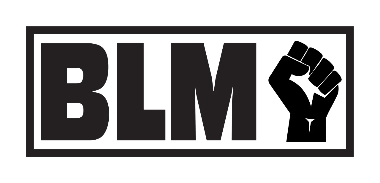 BLM BLM typography and raised fist icon with bold text, rectangular border and block letters in black and white