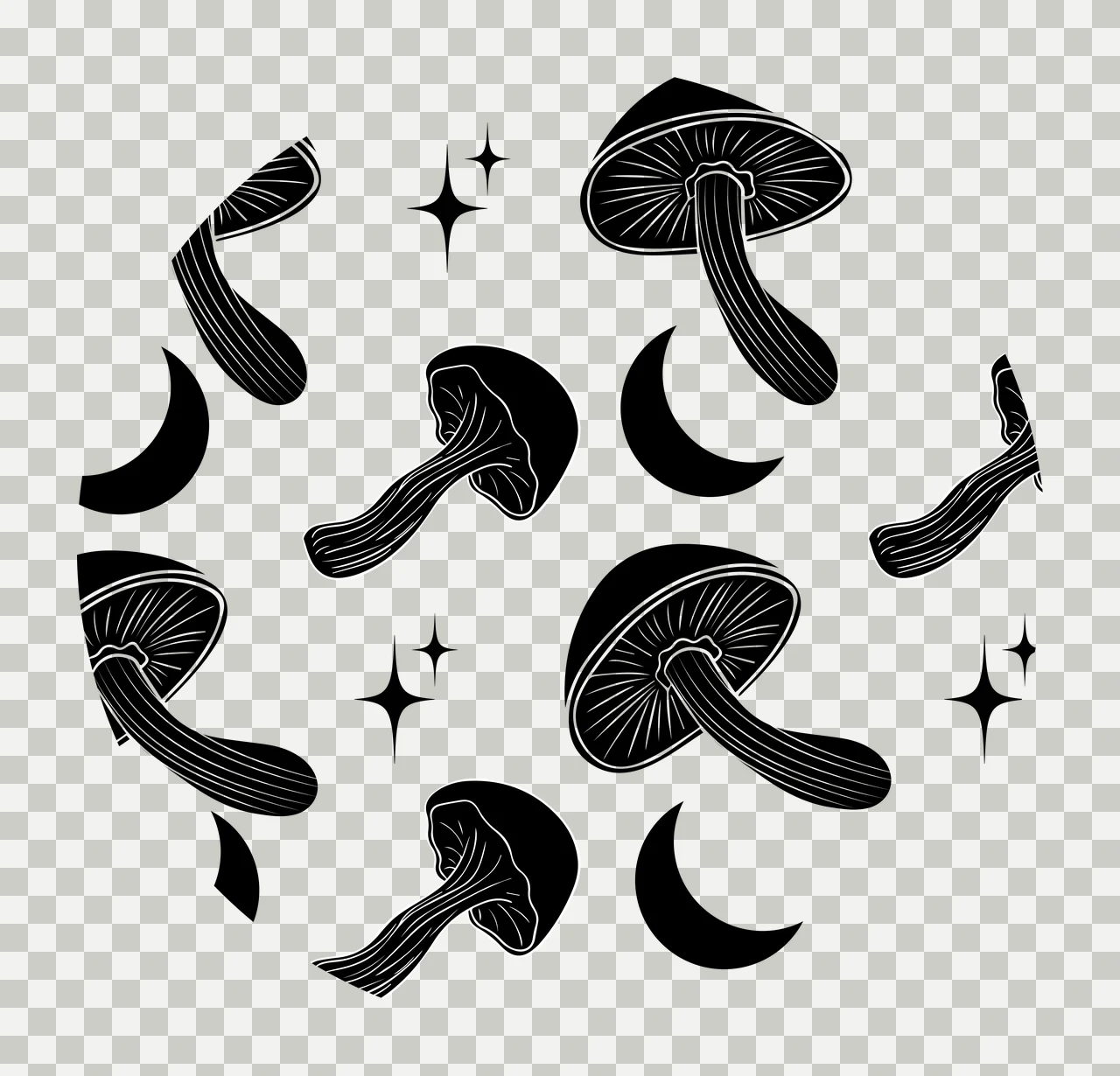 Keychain Mushrooms Moon And Stars Celestial Pattern repeating transparency and detail preview thumbnail