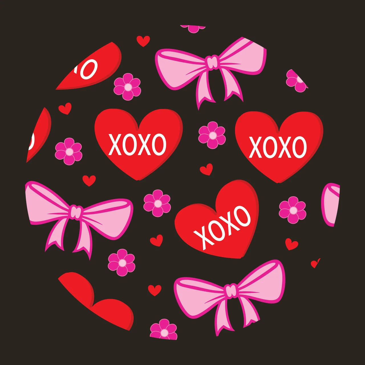 Bow Keychain Xoxo Circular Black Pattern With Hearts bows and flowers contrast preview thumbnail