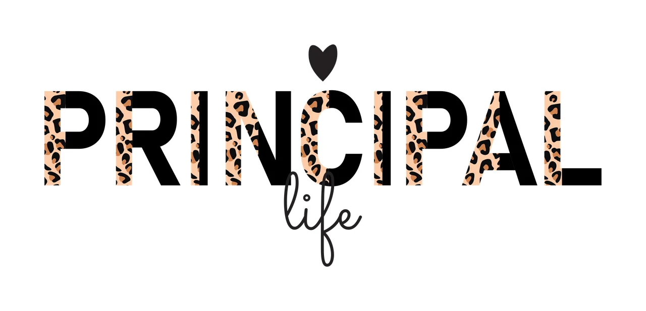 PRINCIPAL life Typography Design with leopard print pattern, heart icon, cursive font and split lettering in black, tan and brown