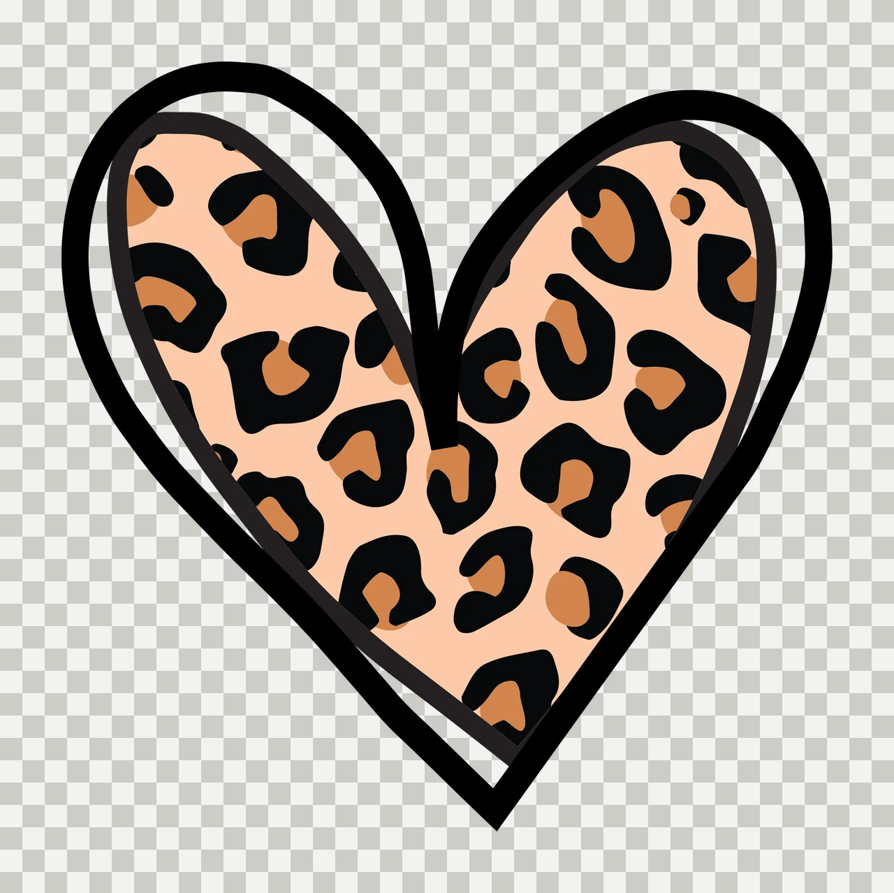 Flat Cartoon Illustration of Heart-shaped design with leopard print pattern with black outline and double black border in beige and brown transparency and detail preview thumbnail