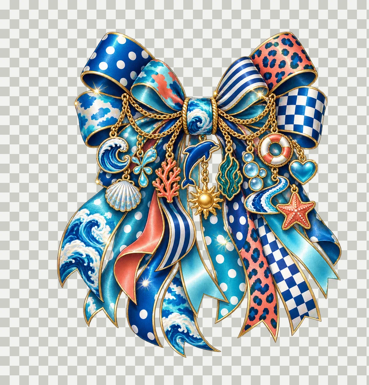 Dolphin Lover Bow Charm PNG, Themed Gold Chain Charms, Coquette Ribbon Sublimation Design, Transparent Digital Download transparency and detail preview thumbnail