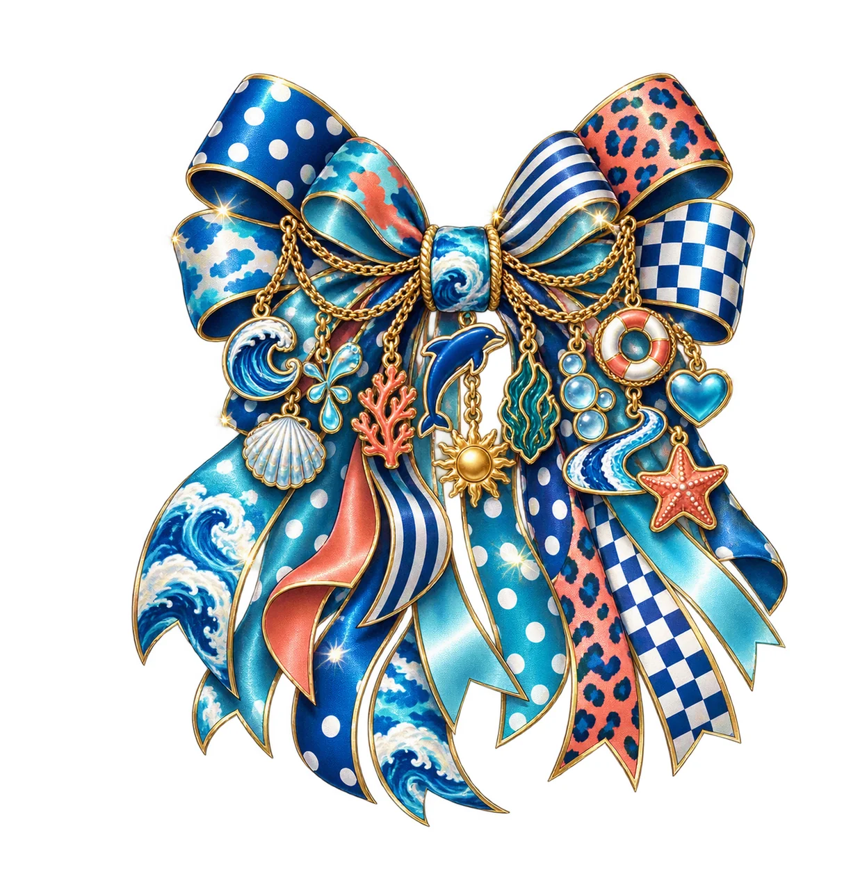 Dolphin Lover Bow Charm PNG, Themed Gold Chain Charms, Coquette Ribbon Sublimation Design, Transparent Digital Download