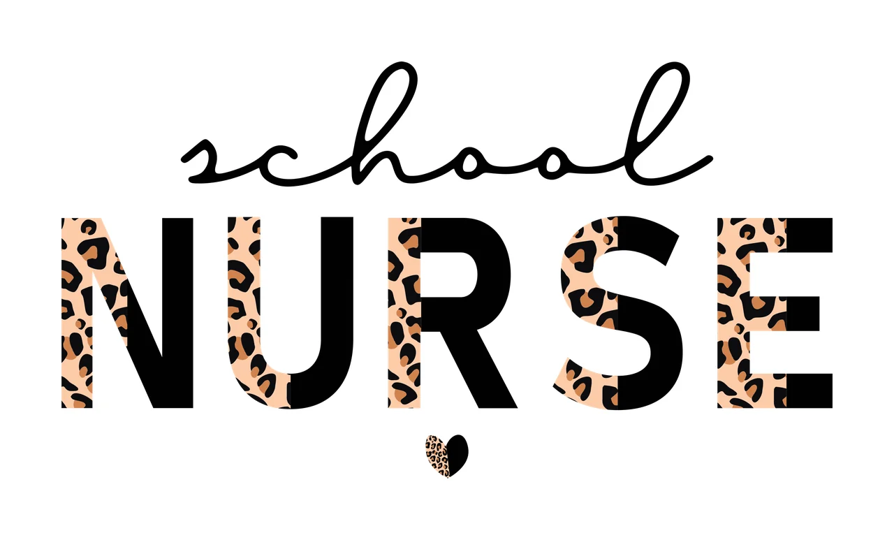 School NURSE Typography Design with script typography, block lettering, leopard print pattern and heart shape in black, tan and brown