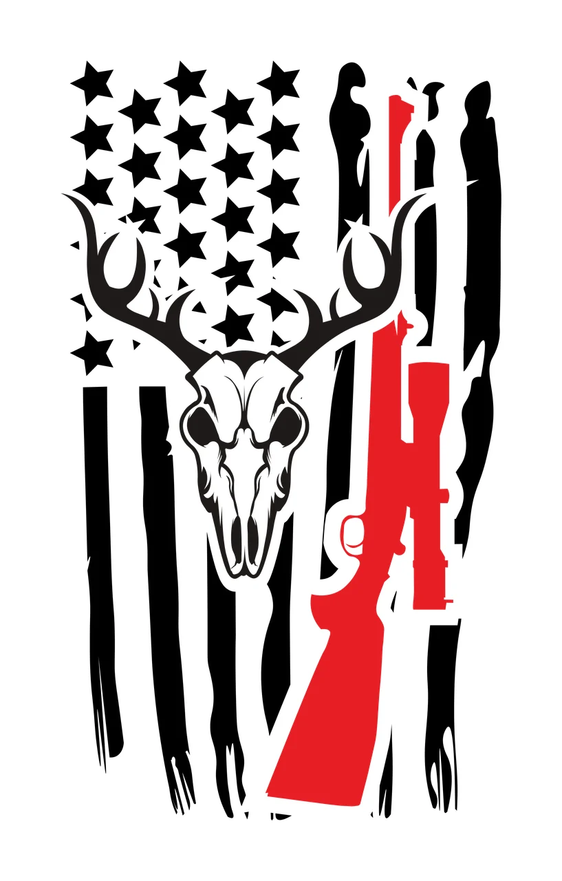 Skull Deer And Rifle On Flag stars stripes black white hunting