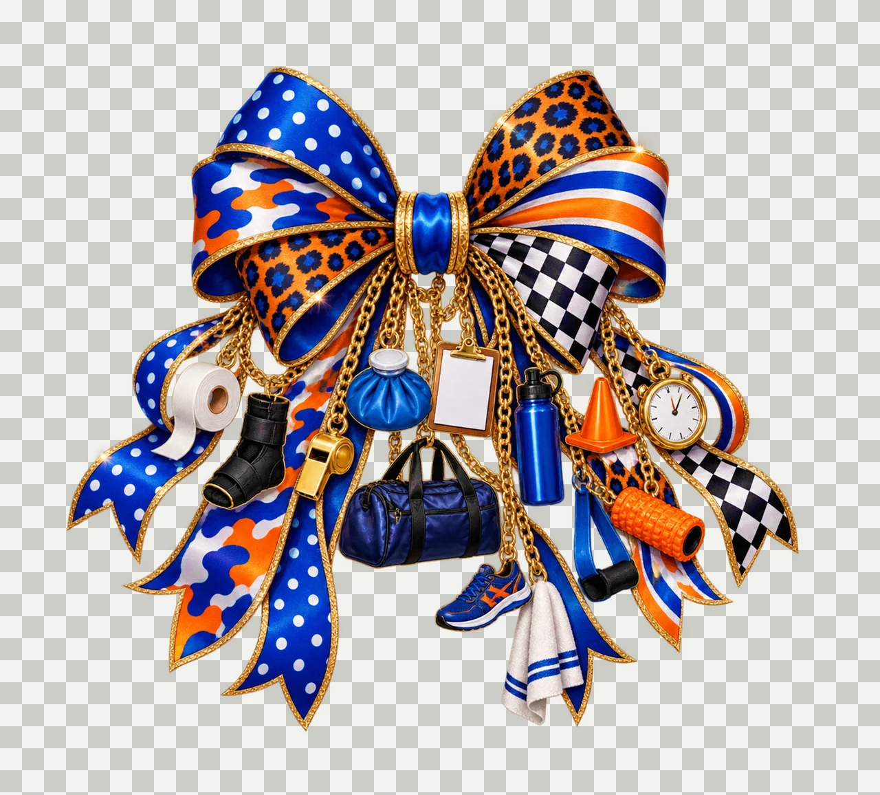 Athletic Trainer Bow Charm PNG, Themed Gold Chain Charms, Coquette Ribbon Sublimation Design, Transparent Digital Download transparency and detail preview thumbnail
