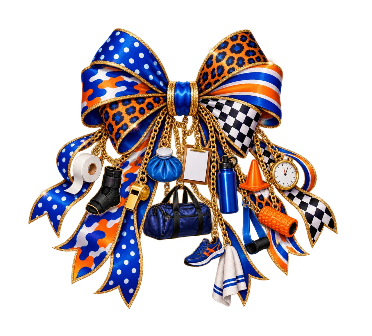 Athletic Trainer Bow Charm PNG, Themed Gold Chain Charms, Coquette Ribbon Sublimation Design, Transparent Digital Download